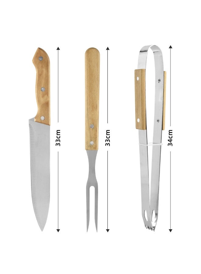 3-Piece Wooden Handle BBQ Tool Set – Stainless Steel Utensils with Classic Wood Grips & Black Carry Case, Grilling Accessories - Image 2